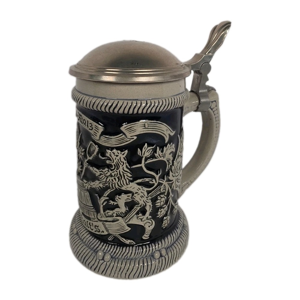Vintage Original KING Werk German Beer Stein 637 Cobalt Blue Relief 0.5L Pewter